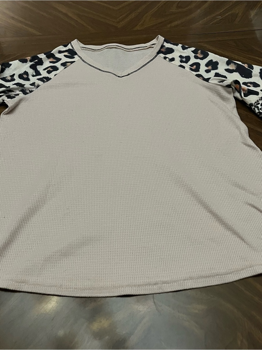 Women’s Cream Waffle Knit Top with Leopard Raglan Sleeves